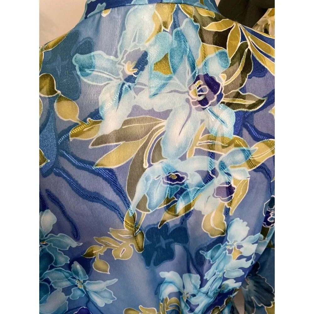 Vintage California Dynasty Blue Semi‎ Sheer Floral Long Robe Medium Pockets EUC